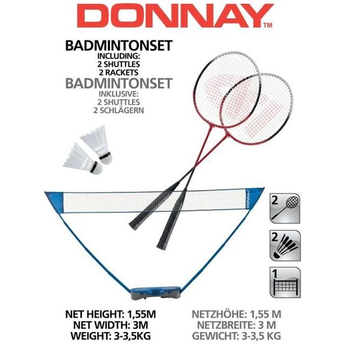 Ensemble de Badminton Donnay - 1 Filet, 2 Raquettes, 2 Shuttles - avec Valise de Rangement - Filet de Badminton - Poteaux Extensible