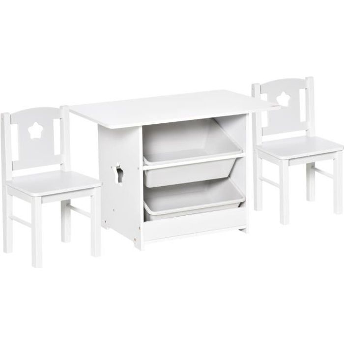 Ensemble table et chaises enfant - set de 3 pièces + 2 bacs amovibles - table étagère pour jouets 2 en 1 - MDF PP blanc gris