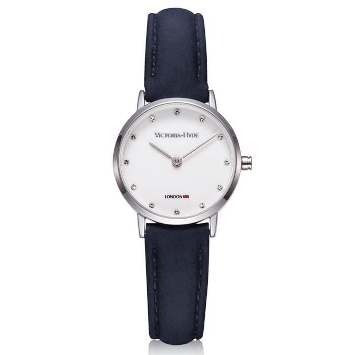VICTORIA HYDE London Marque montre à quartz pour femme avec strass simples femmes montres Bracelet cuir véritable Bleu 3 ATM rési