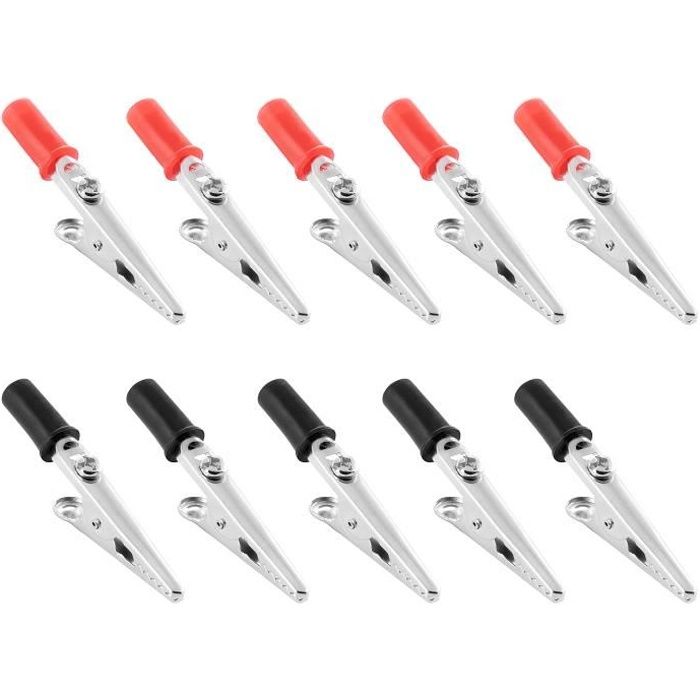 10x 50 mm pince crocodile, en métal avec une poignée en matière plastique (noir - rouge) pour les câbles de raccordement