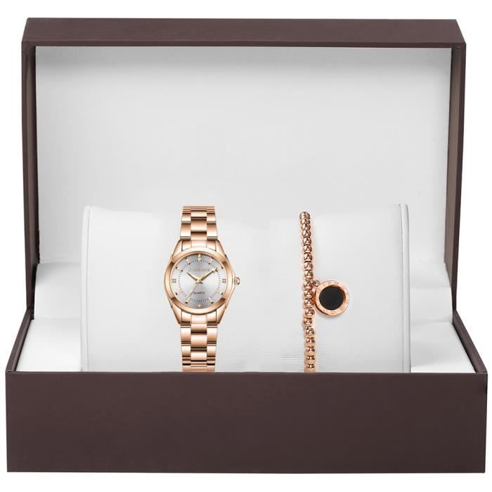 Coffret cadeau montre femme , montre à quartz élégante + bracelet de luxe - bracelet en acier inoxydable or rose