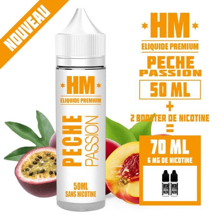 E LIQUIDE PECHE PASSION 70ML EN 6MG (50ML EN 0MG DE NICOTINE + 2 BOOSTERS DE NICOTINE 10ML 'HALO'). (ID : 249)
