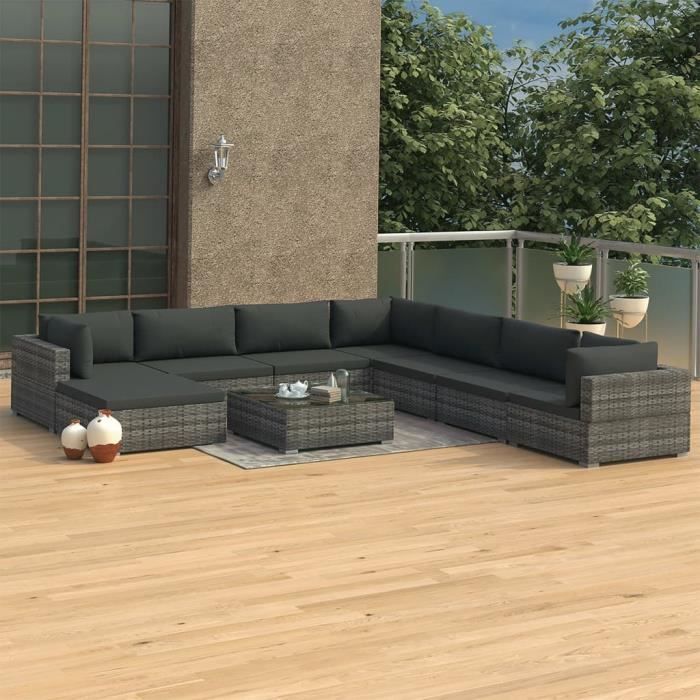 Salon de jardin 9 pcs avec coussins Résine tressée Gris 164558