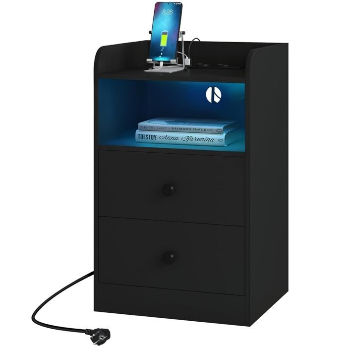WOLTU Table de Chevet Lumière LED Table dAppoint avec Station de Charge Prises et Ports USB Noir W0ETT0240