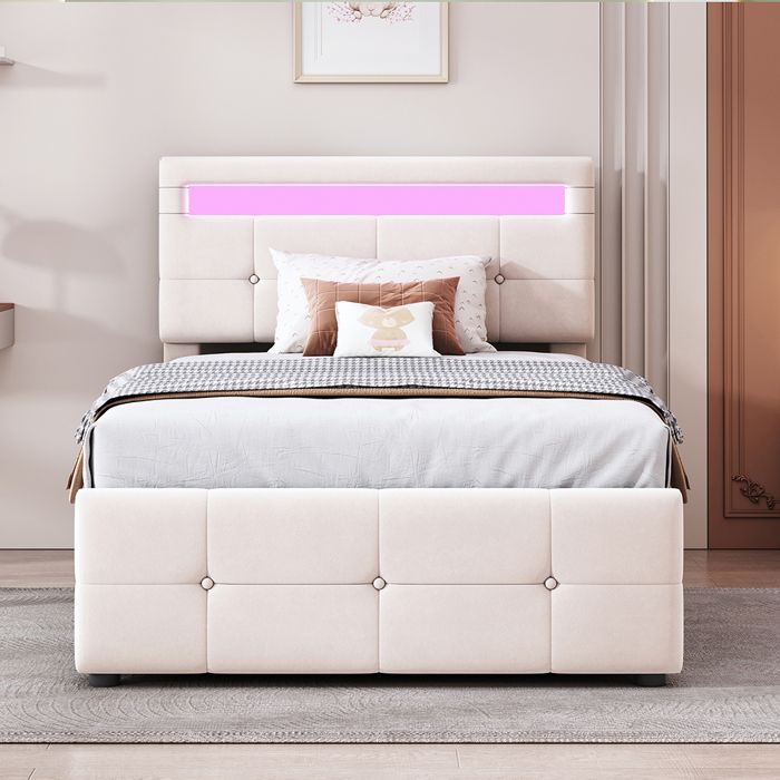 Lit coffre Lit enfant rembourré 90x200 cm avec éclairage LED Lit de rangement hydraulique Tête de lit réglable en hauteur Beige