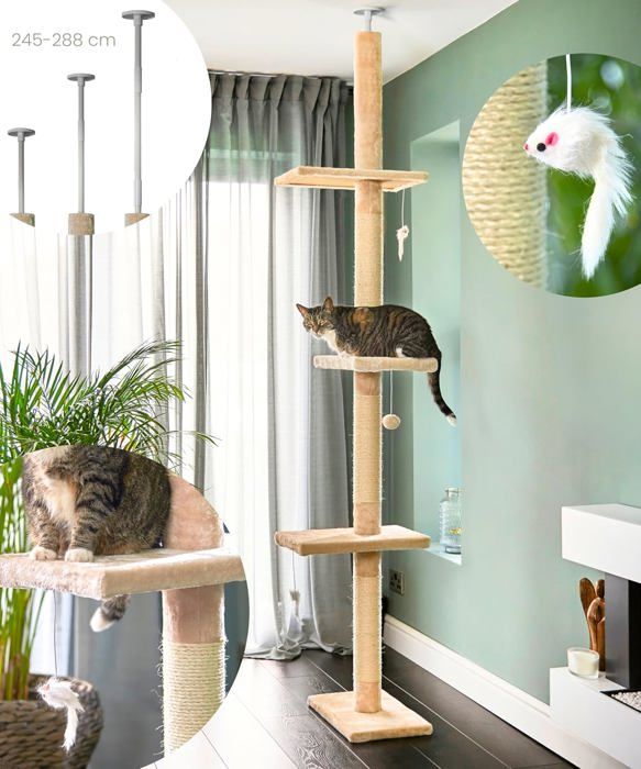 Comparer les prix de Arbre Chat Bois Du Sol Au Plafond,3 Étages Arbre À Chat Mural,Hauteur Réglable Jusqu'À 245-288 Cm,Poteau Griffoir Chat,Arbres À Ch
