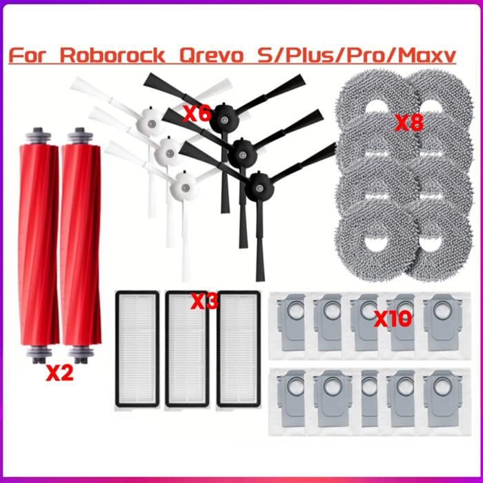 Kit 19 Pièces Accessoires Roborock Qrevo Pro/S/MaxV - Brosse, Filtres, Sacs Et Lingettes De Rechange
