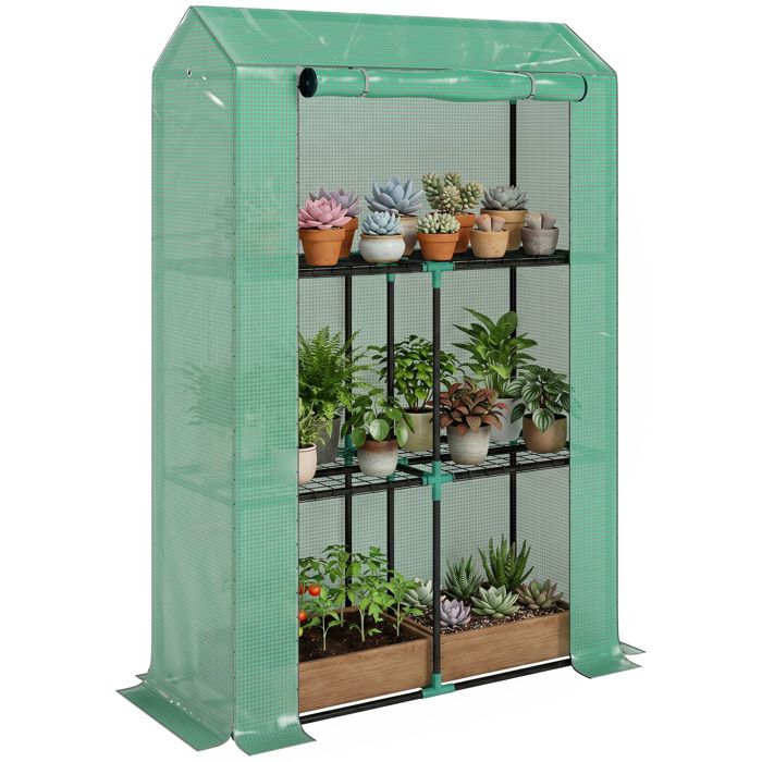 Serre de jardin - Outsunny - étagères 3 niveaux - bâche renforcée en PE - porte enroulable - toit incliné - 100 x 40 x 150 cm - vert