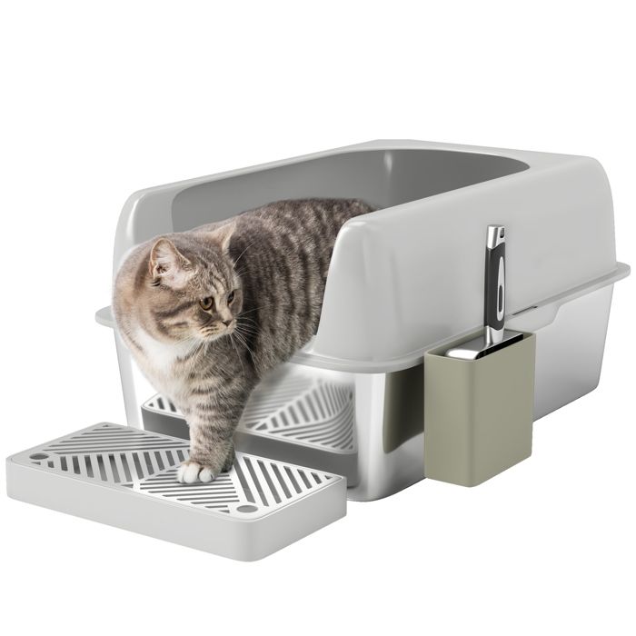 Comparer les prix de Bac à litière chat en acier inoxydable 60 x 40 x 29 cm nombreux accessoires gris