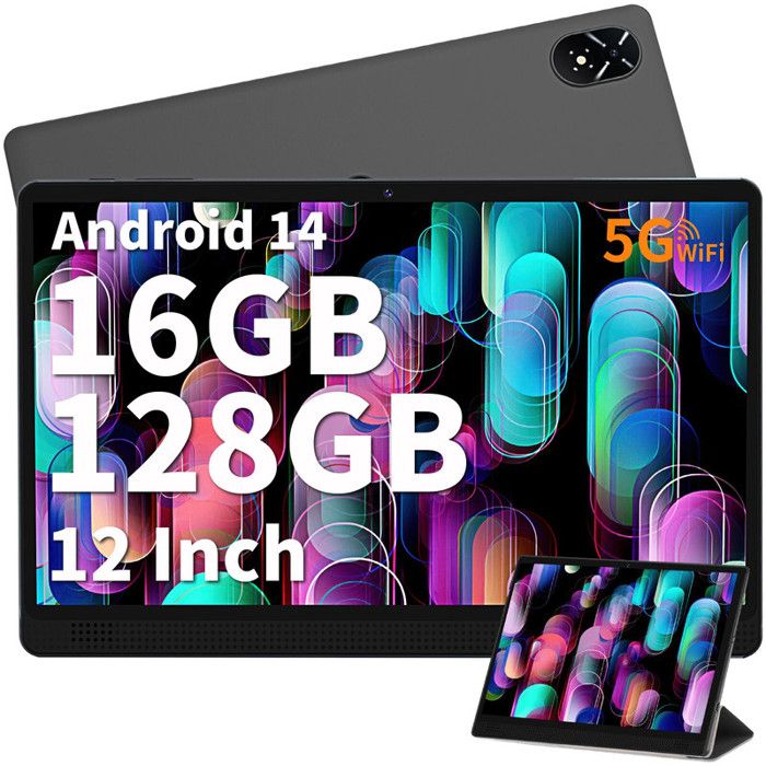 Tablette Tablettes 12 Pouces Android 14 avec 16Go RAM 128Go ROM WiFi 6 5G+2.4G WiFi Octa-Core GMS Certified Widevine L1 BT 5.0