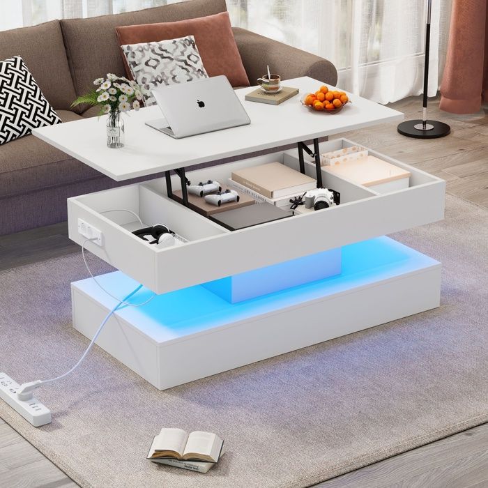 Table basse avec prise LED et Compartiment Rangement Relevage Hydraulique Meuble de salon 100x50x42cm Blanc
