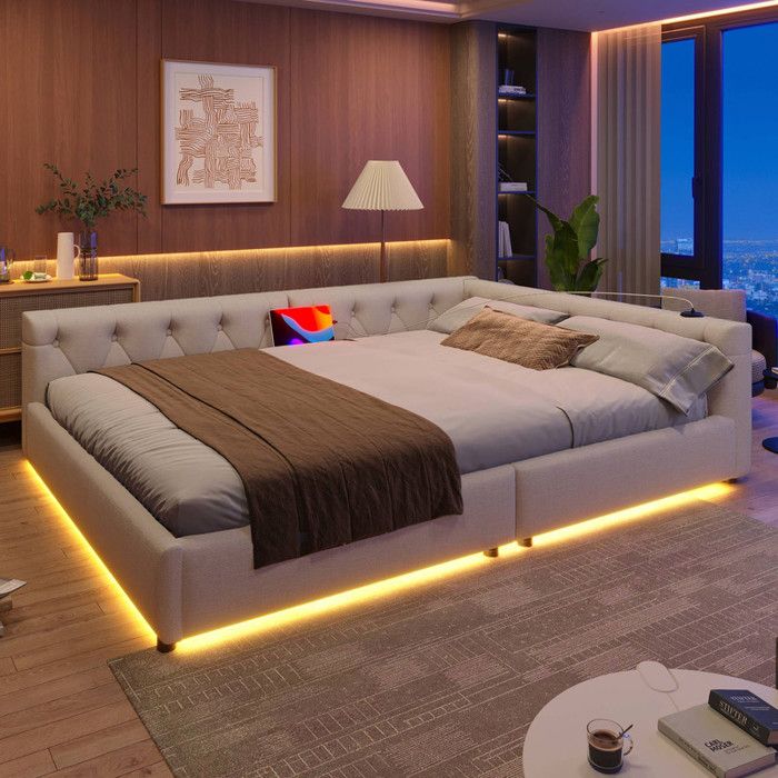 Canapé-lit 140x200 cm lit double rembourré avec lumière LED et port USB + Type-C dossier tissé à boutons sommier à lattes beige