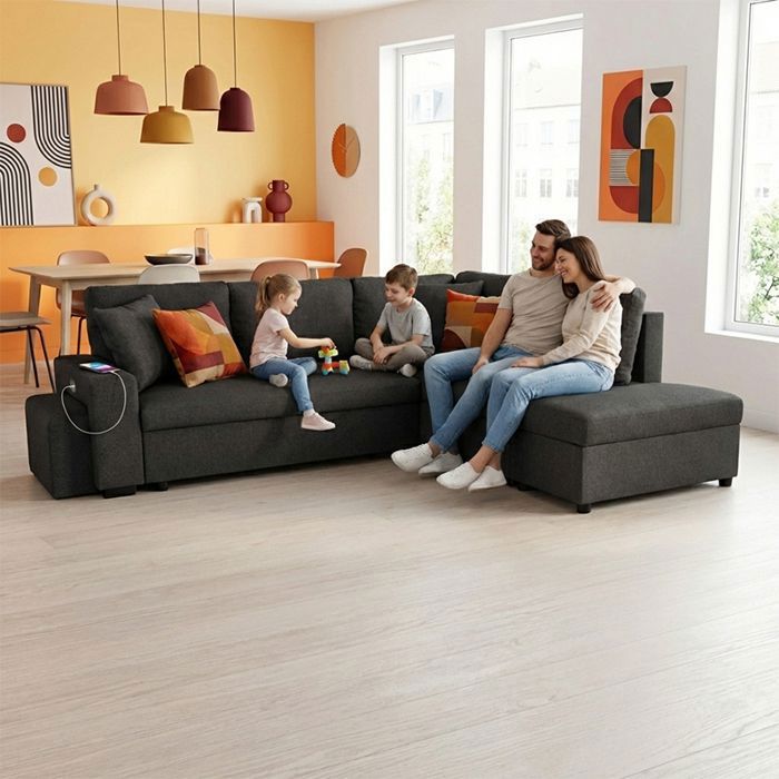 VEGA Canapé dangle reversible convertible Gris ANTHRACITE (tissu texturé) - Taille L - 5 places - 258 x 157 x 83