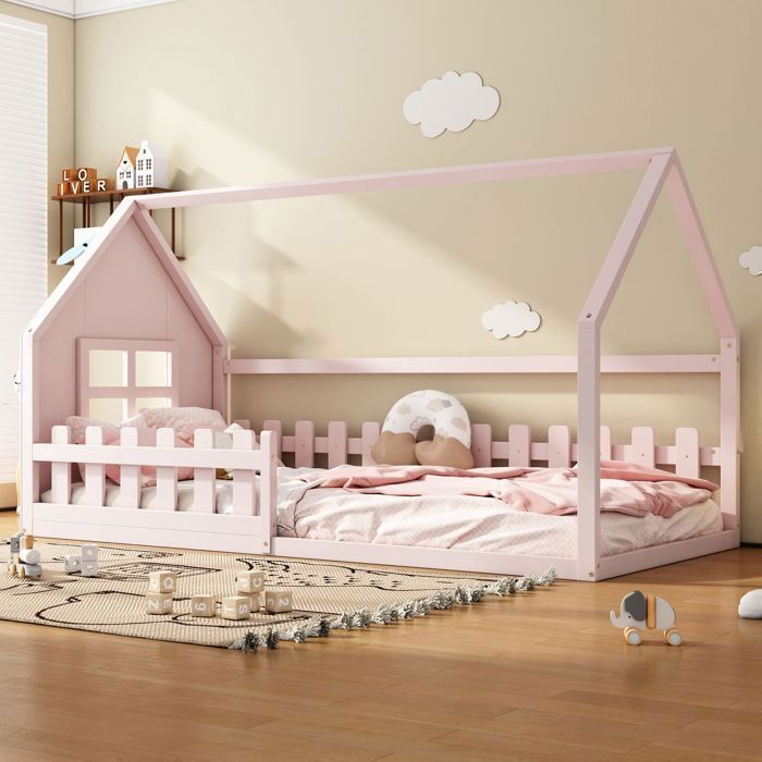 Lit Cabane Enfant - SOGEU - Lit Cabane Design Maison - 90x200 cm - Pin massif & MDF - Rose