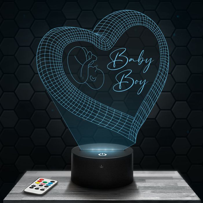 Lampe 3D - Coeur Baby Boy - Accessoire Objet Cadeau Coeur Baby Boy - Veilleuse Led Tactile avec socle au choix et télécommande