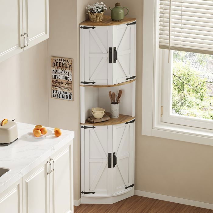 Colonne de Rangement Haut 5 Compartiments en Bois Blanc – Buffet d’Angle Rustique 395×395×180 cm avec Système Anti-Basculement