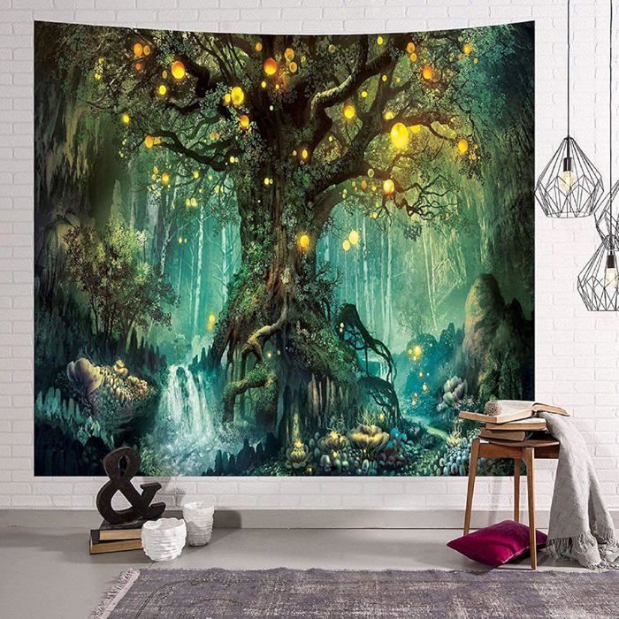 Tenture Murale Arbre de la Vie Tapisserie Psychédélique Tapisseries Chutes deau sous Arbre Ancien pour Chambre Salon 150*200CM