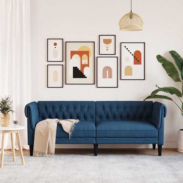 Canapé Chesterfield 3 places - MANGO - Bleu - Tissu polyester - 2015x745x745 cm - Siège 178 cm - Profondeur 59 cm