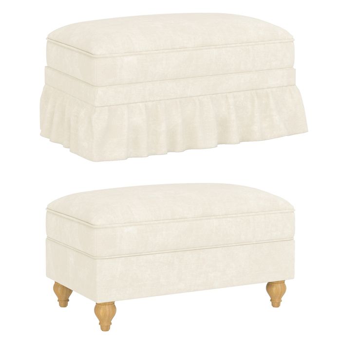 Pouf Ottoman Upholstéré avec Jupe Volantée Pieds en Bois Massif-Salon&Chambre-90x56x49cm-Blanc