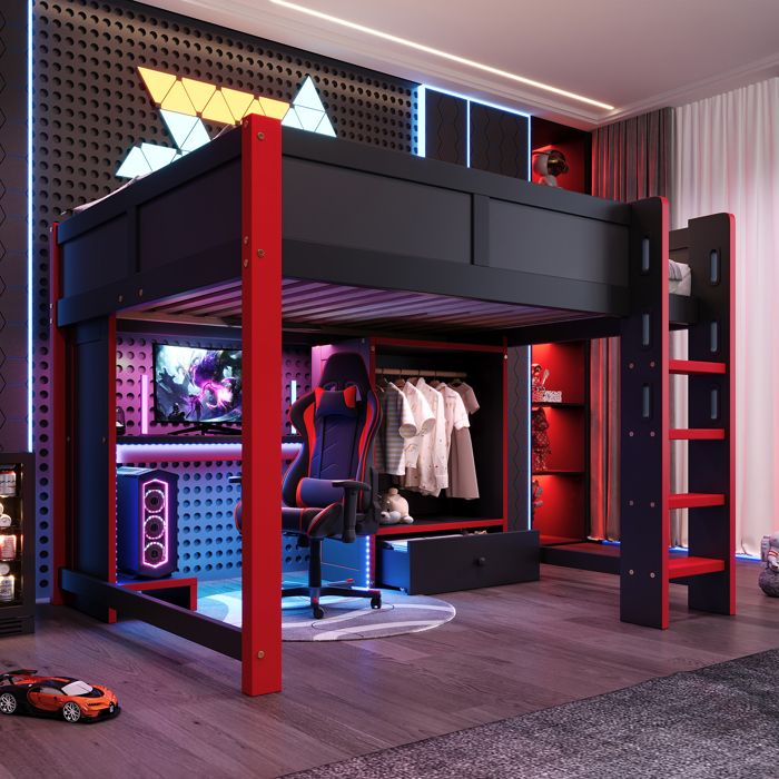 Lit mezzanine pour enfant 140 x 200 cm lit gaming pour adolescent avec bureau éclairage LED armoire et tiroirs noir et rouge