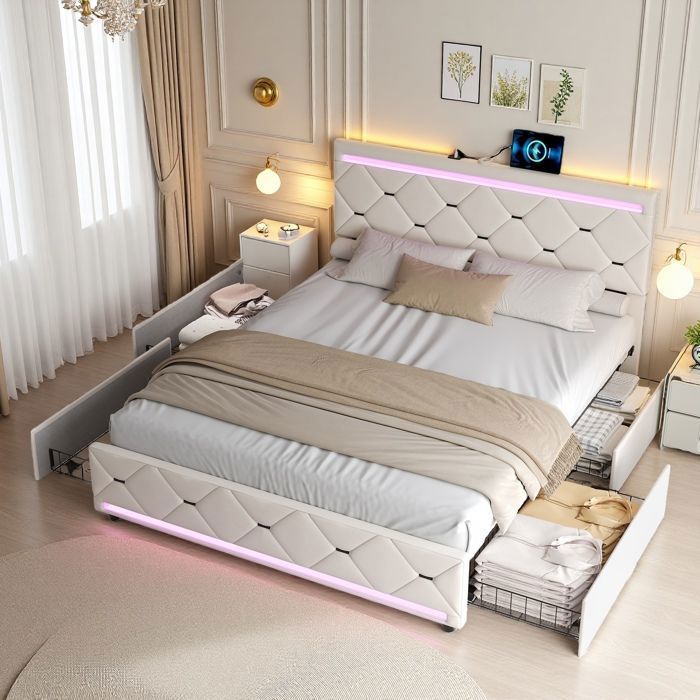 Lit double rangement 140x200 - lit avec tiroir capitonné velours beige- LED RGB intégrée - 4 tiroirs métal - USB-A/Type-C