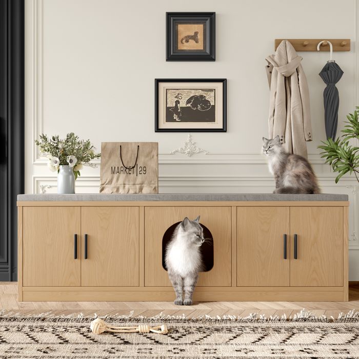 LINHOO Armoire à Chat Cachée 140×40×455 cm Effet Chêne – Meuble Litière Multifonction Banc Chaussures Griffoir Ventilation