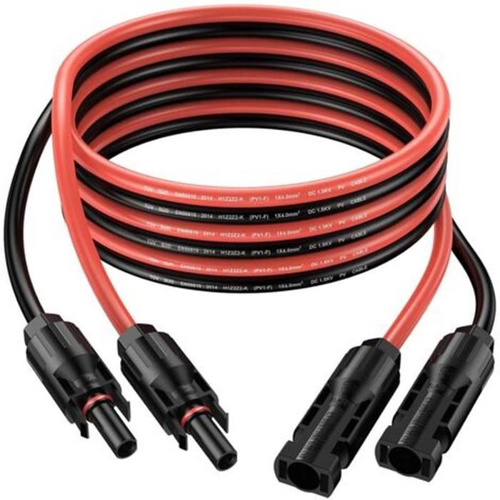 Câbles dextension 4 mm²/12 AWG pour panneau solaire IP68 étanche Connecteurs mâle et femelle inclus Câble 6m (3m rouge + 3m noir)