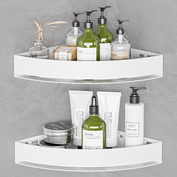 Étagère de douche sans perçage - VETOBIOL - Lot de 2 étagères dangle - Aluminium antirouille - Blanc Étagère de douche sans perçage - VETOBIOL - Lot de 2 étagères dangle - Aluminium antirouille - Blanc