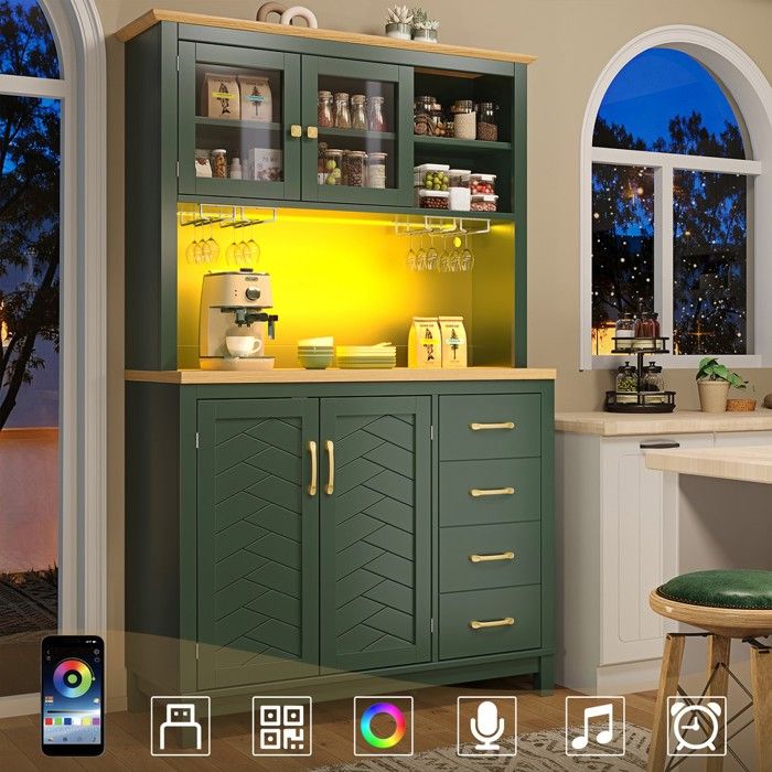 Armoire de rangement 105.5x40x180 cm style campagne 4 portes éclairage LED porte-bouteilles vert