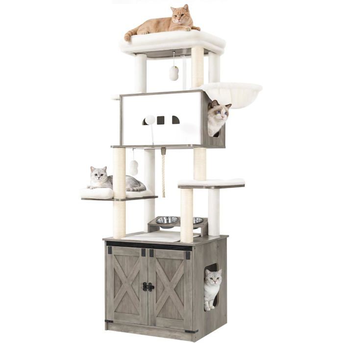 Arbre à Chat avec Meuble Litiere Chat Mangeoire Hauteur 173 cm avec Grande Plateforme Corde en Sisal Grège
