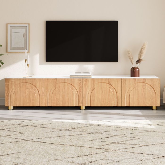 Meuble TV Lowboard 4 Portes Relief Arc 3DRangement Salon PB MDF Pieds Métalliques Ronds Design Minimaliste Polyvalentblanc + bois