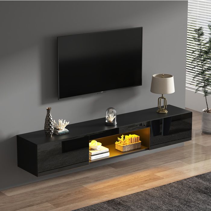 Meuble TV mural 160x31x22 cm EVRYAE - LED avec commande Bluetooth rangement avec 2 portes et gestion des cables - Noir