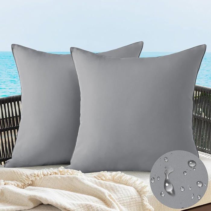 Housse Coussin Exterieur Impermeable Imitation de Lin en Polyester Coussins Canape Decoratif Taie 45 x 45 cm (Lot de 2) Gris