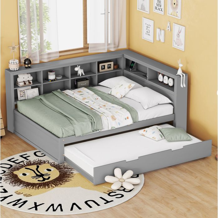 Lit gigogne multifonction 140 x 200 cm avec lit tiroir 90 x 190 cm USB rangements bois gris