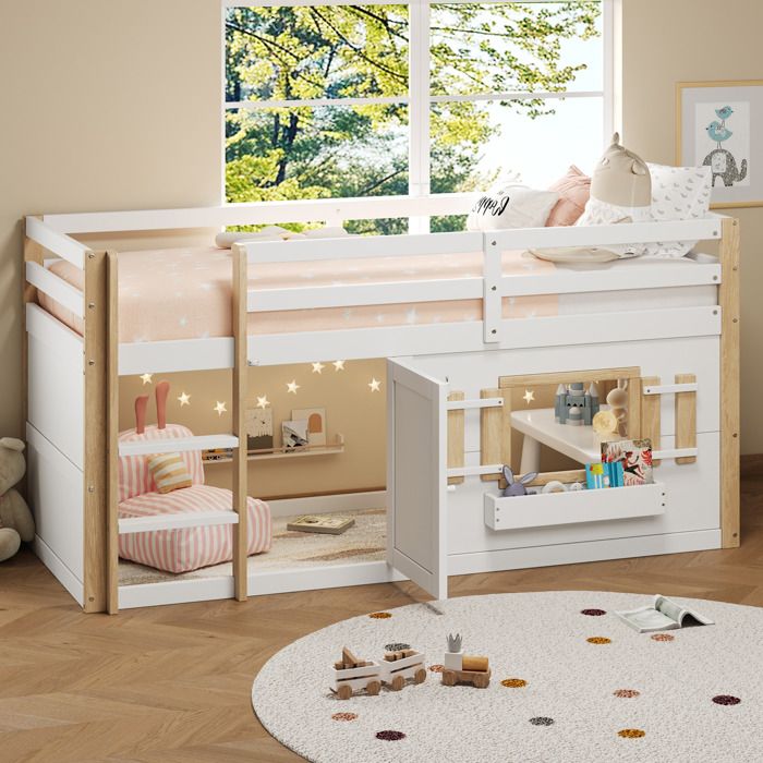 Lit mezzanine enfant 90 x 200 cm avec échelle espace de jeu inférieur sommier à lattes inclus blanc