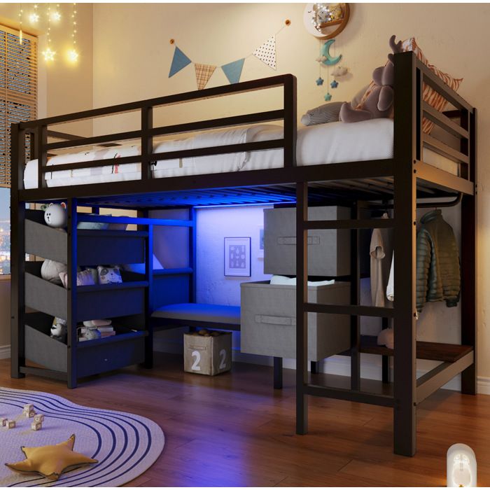 WOVREO Lit mezzanine mi-hauteur 90x200 cm en métal noir avec LED rangement en tissu et coussin d’assise
