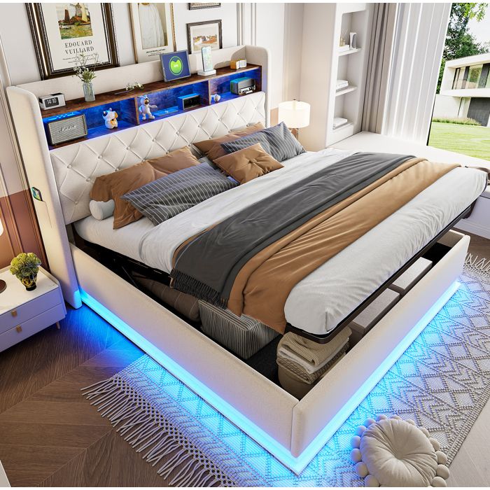 COVREO Lit rembourré 180 x 200 cm avec LED multicolore USB et rangement hydraulique beige