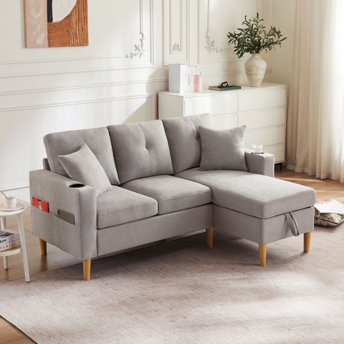 Canapé dangle réversible 3 places EVRYAE 175 x 129 x 90 cm avec rangement porte-gobelets et 2 coussins gris clair