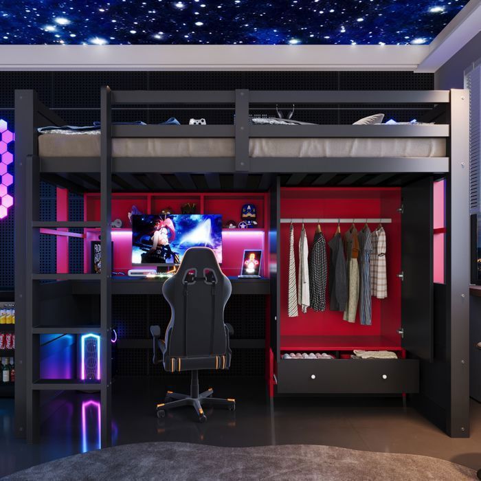 Lit Mezzanine 90x200 cm bureau armoire tiroirs intégrés - Lit simple - Design gaming noir et rouge avec LED prises et échelle