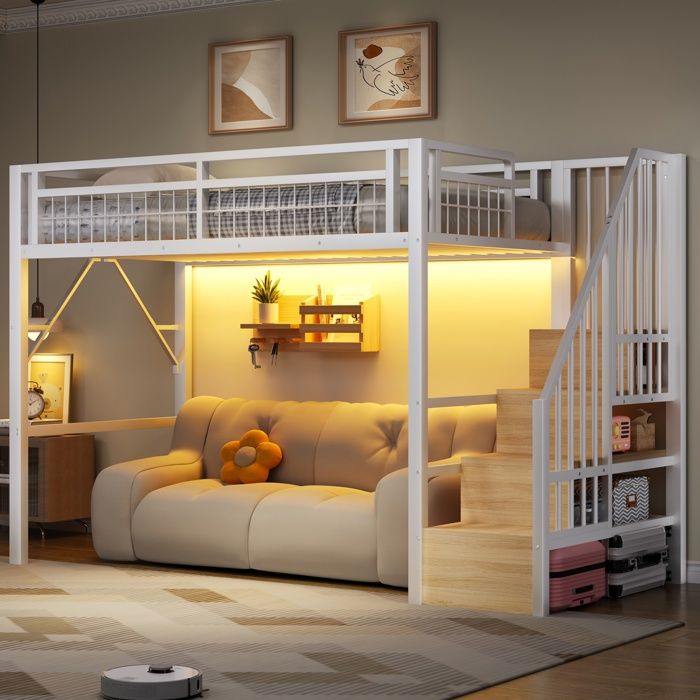 Lit mezzanine 90x200 cm métal blanc LED app escalier rangement espace ouvert 300 kg sans matelas