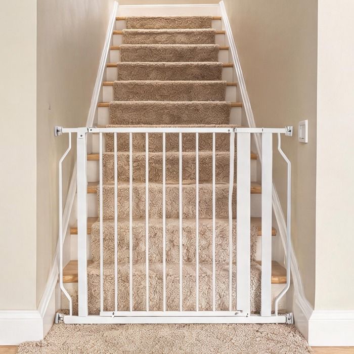 Barrière de sécurité pour chien extensible 75-95 cm x 76 cm en acier avec double verrouillage et montage sans perçage blanc Barrière de sécurité pour chien extensible 75-95 cm x 76 cm en acier avec double verrouillage et montage sans perçage blanc