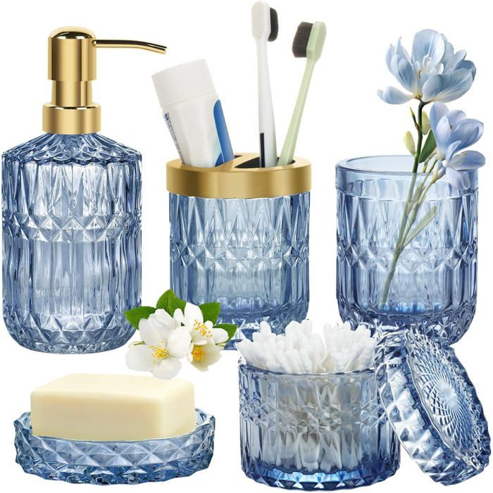 Accessoires de salle de bain en verre  - Lot de 5 pièces - Bleu - Verre cristal - Distributeur de savon 355 ml