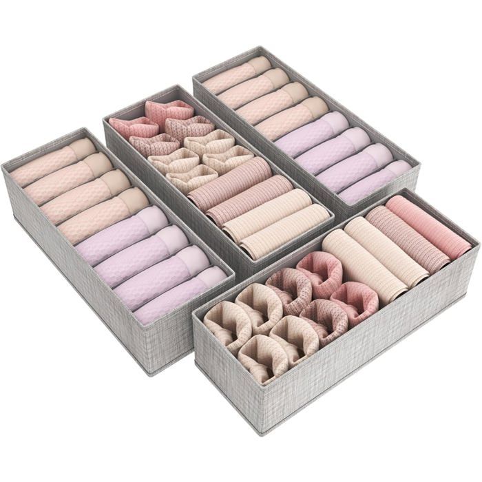 Lot de 4 Organisateur Tiroir pour CommodeSeparateur de Tiroir PliableBoite Rangement vetementPanier Rangement pour SousGris