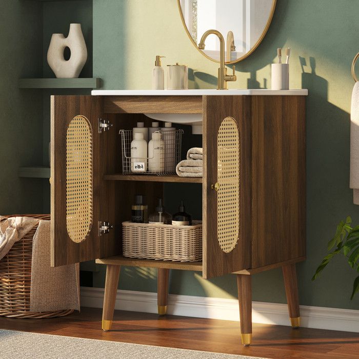 Meuble salle de bain avec vasque céramique 61 cm - portes en rotin - 2 étagères - effet noyer - rangement - 61x47x89 cm