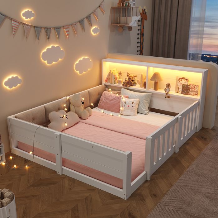 Lit double rembourré 140x200 cm coloris blanc barrières de protection éclairage LED tête de lit matelas non inclus
