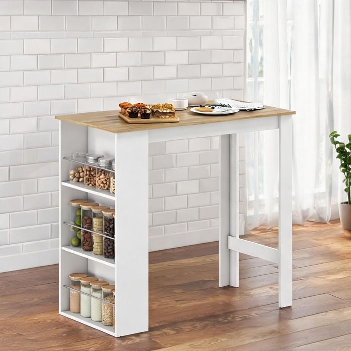 Table de bar bistrot en mélamine de bois avec 3 étagères et support métallique 112 x 57 x 106 cm design moderne