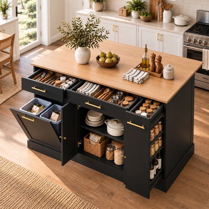 Îlot central cuisine style industriel avec compartiment poubelle 3 tiroirs table à manger et étagère coulissante – Noir