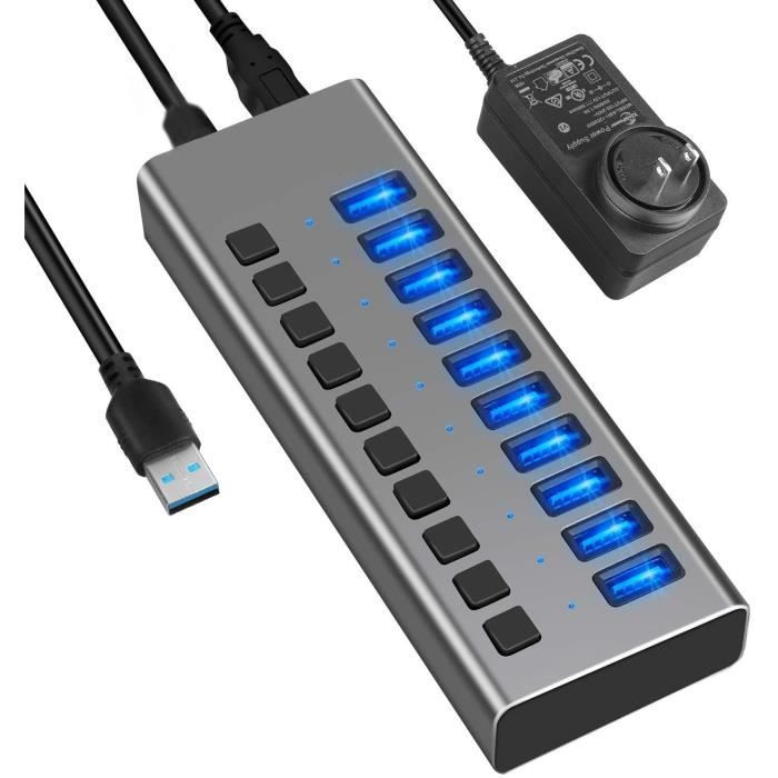 Hub USB Alimenté, Hub de Données USB 3.0 à 10 Ports 48W avec