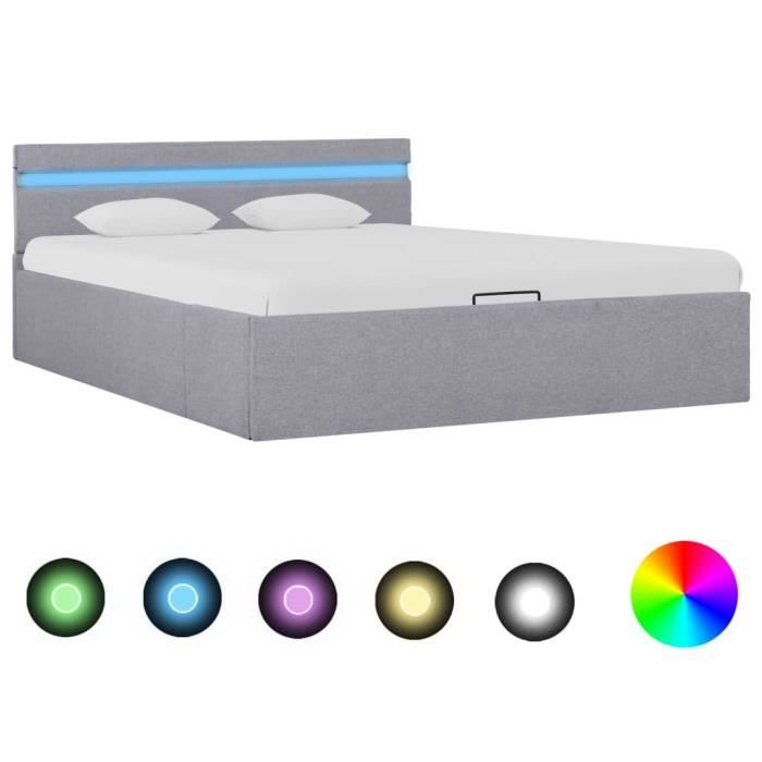 BONNE - Cadre de lit à stockage - Lit coffre - Structure De lit avec LED Gris clair Tissu 140x200 cm FR02452