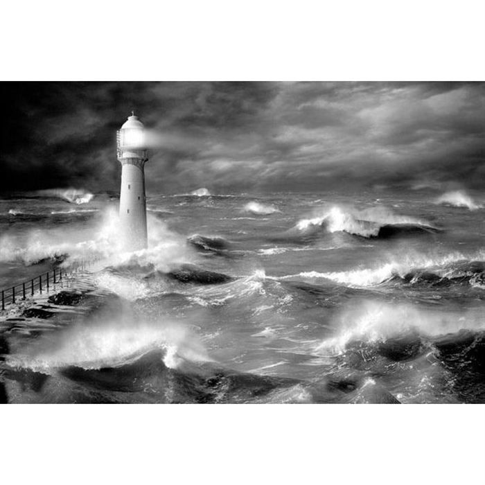 Affiche Noir Blanc Phare Dans La Nuit 91 5x61cm Cdiscount Maison
